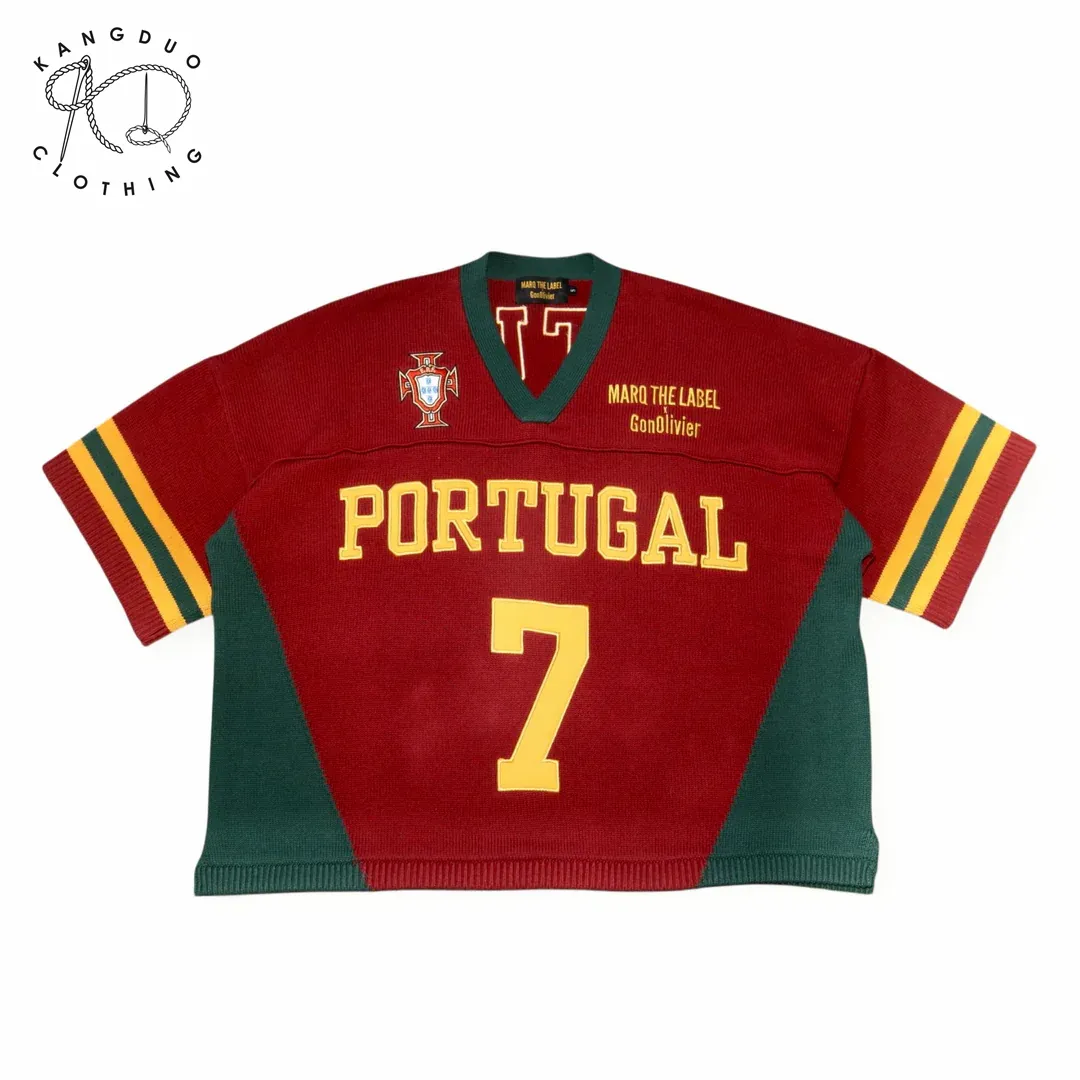 pull de football à manches courtes Portugal , tricot jacquard lettre brodé, maillot CR7